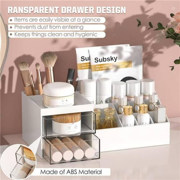 White makeup organizer with drawers countertop storage for vanity bathroom - Picture 6 of 7
